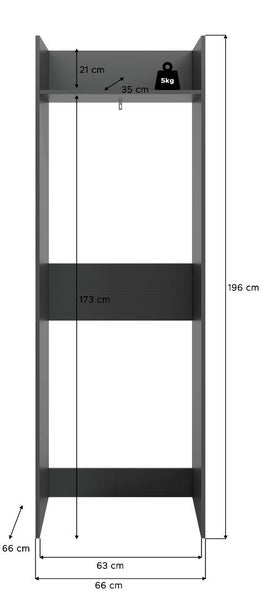 Regalaufsatz für Waschmaschine mit Maßangaben in Zentimeter und Gewichtsbelastung von 5 Kilogramm