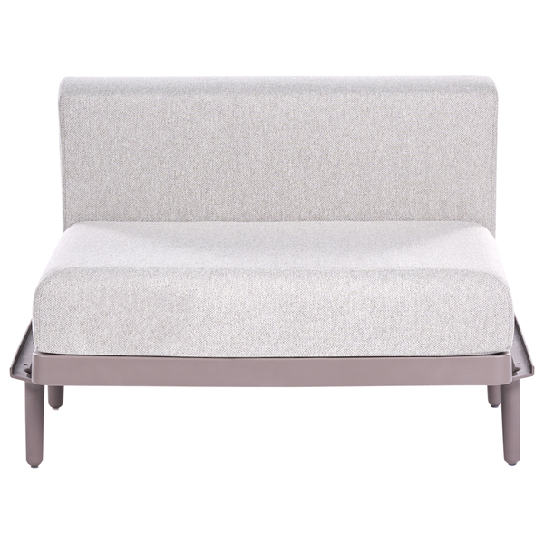 Modernes Gartensofa-Mittelteil mit grauem Stoffbezug und taupefarbenem Metallgestell.