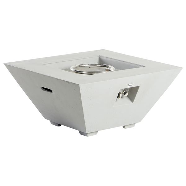 Quadratische Gas-Feuerstelle aus Beton mit Metall-Brennerring, seitlichem Bedienfeld und Beliani Logo.