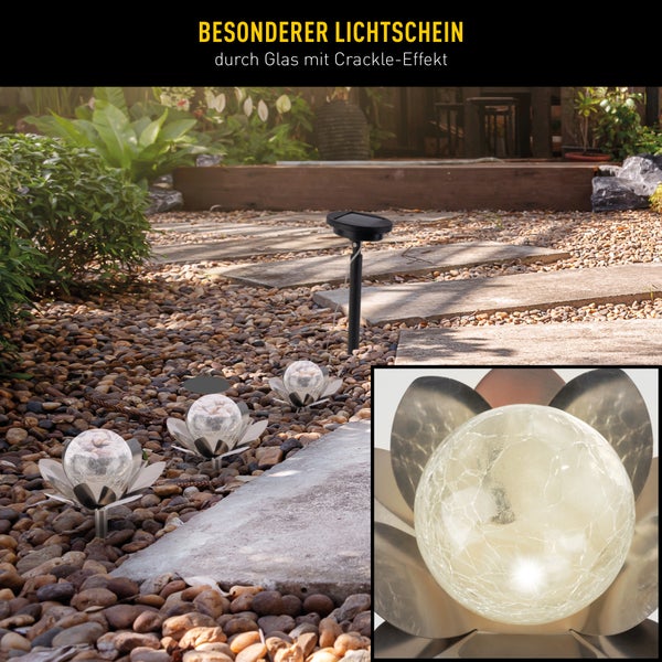 Gartenlandschaft mit Crackle-Glas-Solarleuchten entlang eines Kieswegs.