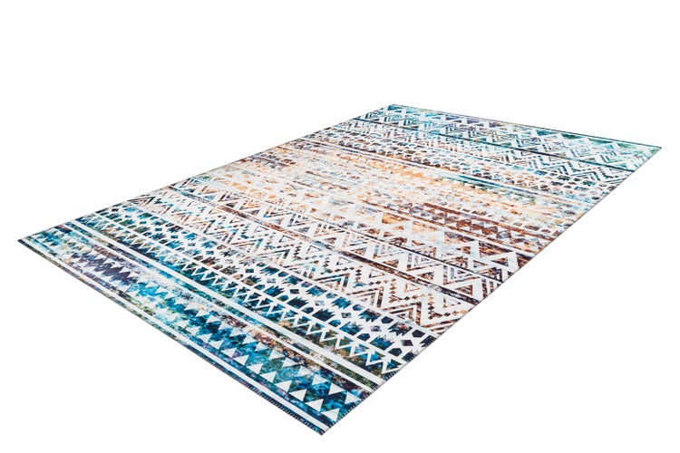 Moderner Teppich mit blauem und braunem geometrischem Ethno-Muster aus Dreiecken.