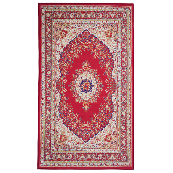 Orientteppich mit zentralem Medaillon und feinen floralen Mustern in Rot, Weiß und Blau.