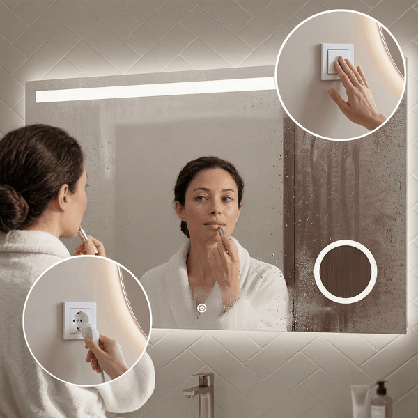 Beleuchteter Badezimmerspiegel mit Anti Beschlag Funktion und Touch Schalter für die Wandmontage in einem modernen Badezimmer.