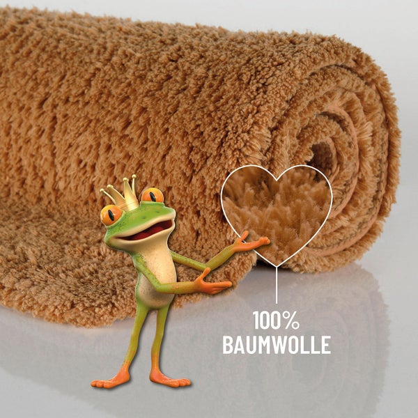 Hochflor Teppich aus 100 Prozent Baumwolle, aufgerollt, mit weicher Struktur.