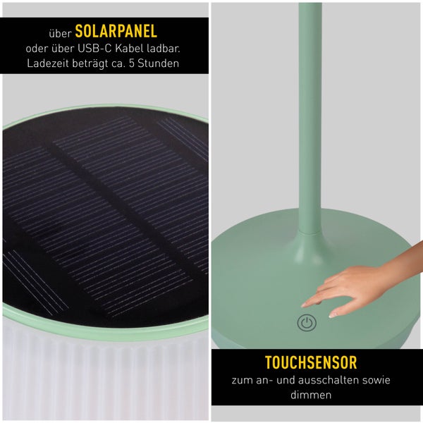 Solar-Akkutischleuchte EMMI  38 cm hoch, Schirm Ø 13 cm, Metall in Mint und weißer Kunststoff, für den Außenbereich, dimmbar CCT.