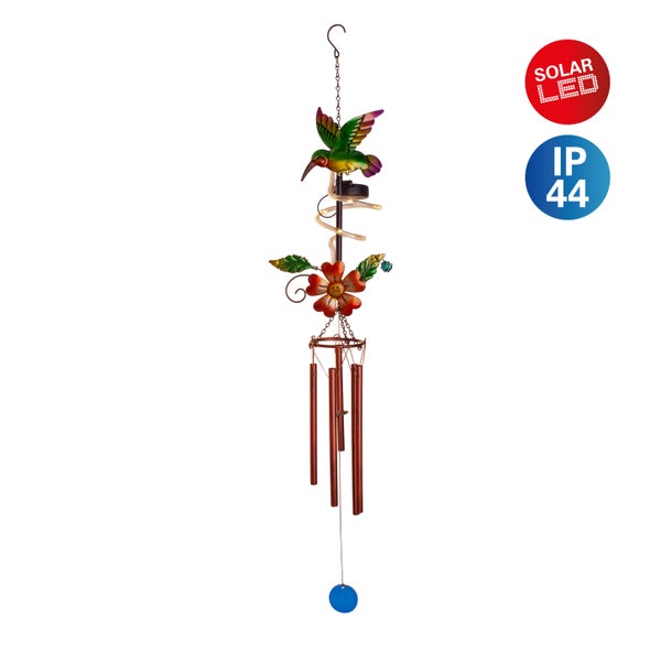 Solarbetriebenes Windspiel mit Kolibri und Blumenmotiv