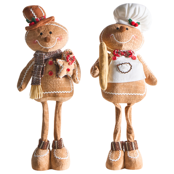 Zwei Lebkuchenmann-Dekofiguren, eine mit Hut und Schal, die andere als Bäcker mit Kochmütze.