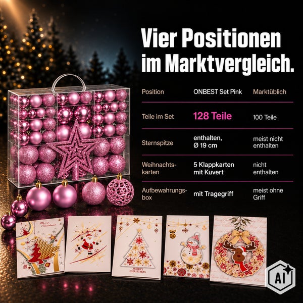 Weihnachtskugel Set mit 128 Teilen inklusive Sternspitze, Grußkarten und Aufbewahrungsbox mit Tragegriff im Marktvergleich.
