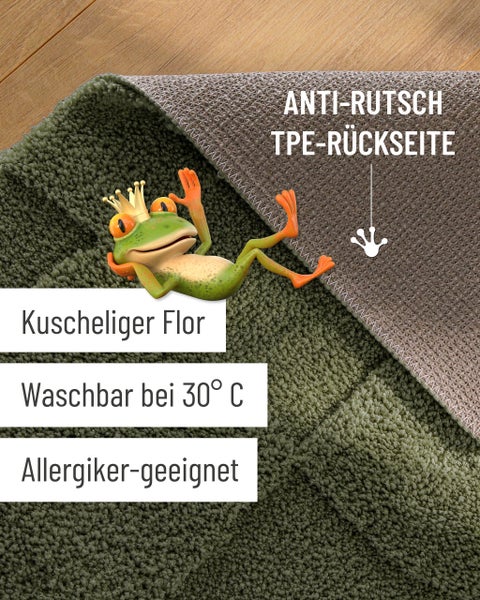Badematte mit weichem Flor, rutschhemmender TPE-Rückseite, waschbar bei 30 Grad Celsius und für Allergiker geeignet.