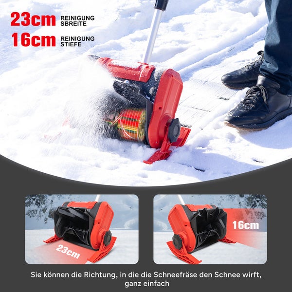 Schneefräse in Aktion mit Angaben zur Reinigungsbreite und -tiefe