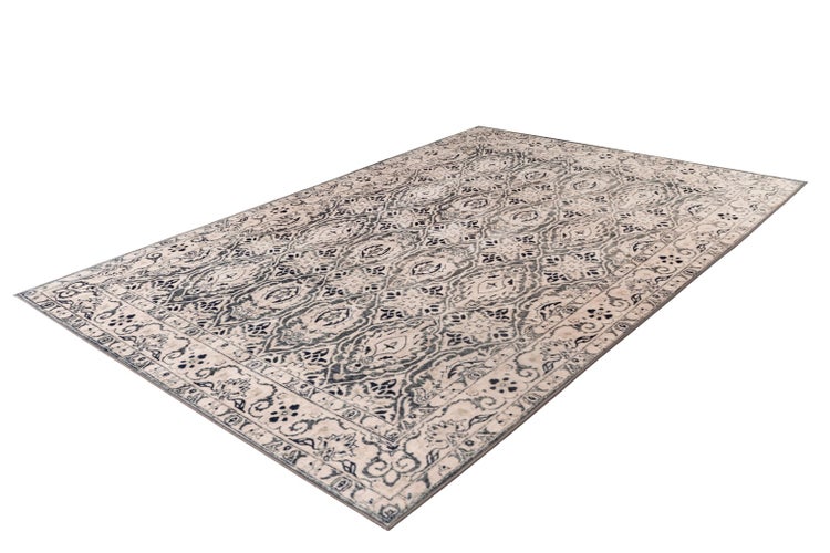 Rechteckiger Teppich mit orientalischem Ornament-Muster im Vintage-Stil in Beige und Dunkelblau.