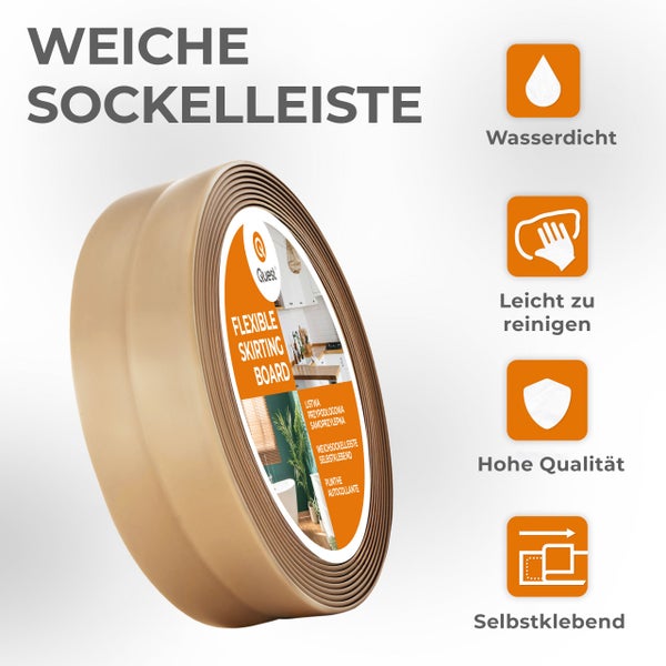 Eine Rolle flexible, selbstklebende Sockelleiste von Quest, wasserdicht und pflegeleicht mit Qualitätsmerkmalen.