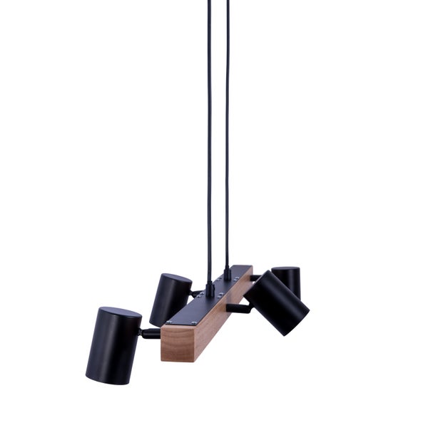 Hängelampe mit vier Strahlern und Holzelement