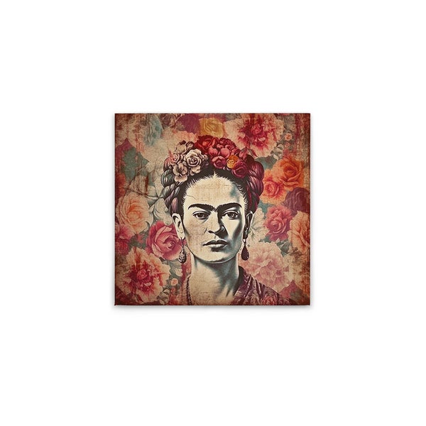 Wandbild mit Frida Kahlo Porträt und Blumenmuster