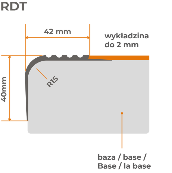 Technische Zeichnung eines Bodenprofils mit den Maßen 40 mm Höhe und 42 mm Breite