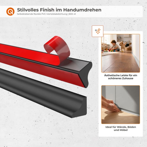 Selbstklebende flexible Viertelstab Dichtung aus Kunststoff für Wand, Boden und Möbel Übergänge als optischer Abschluss.