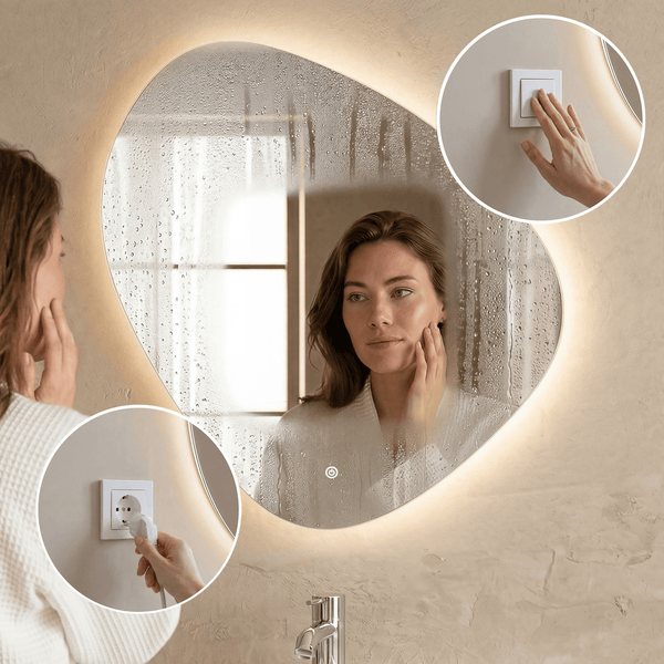 Organisch geformter Badezimmerspiegel mit LED Beleuchtung und Touch Sensor zur Wandmontage, inklusive Einsteckdose und Lichtschalter Bedienung.