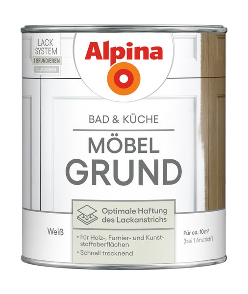 Alpina Logo, weiße Möbelgrundierung für Bad und Küche, für Holz, Furnier und Kunststoff, Ergiebigkeit circa 10 Quadratmeter.