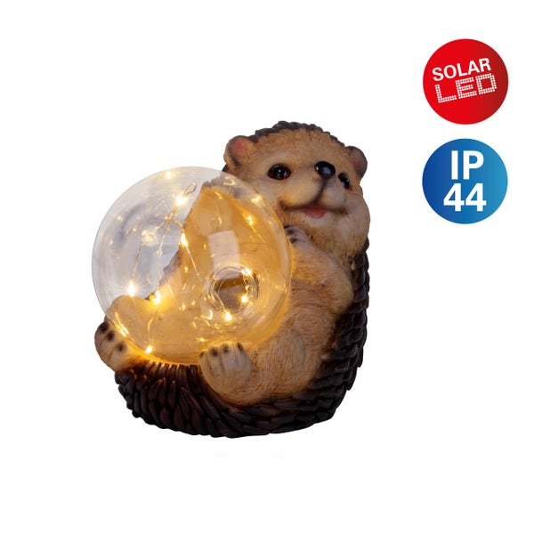 LED Solarleuchte Igel für Terrasse und Garten, aus braunem Kunststoff, mit fest verbauten LEDs, Deko Lampe für Außen 17 x 14,5 x 12 cm