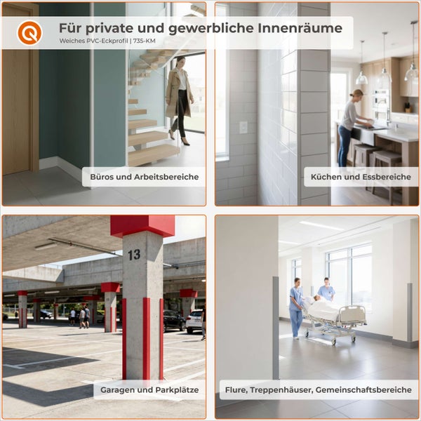 Anwendungsbeispiele für ein PVC-Eckprofil in Büros, Küchen, Garagen und Gemeinschaftsbereichen