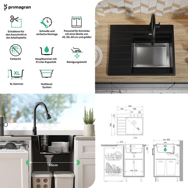 Primagran Küchenspüle mit Zubehör und Maßangaben für den Einbau