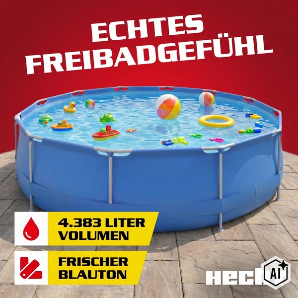 Rundes Rahmenbecken für Kinder mit Spielzeug im Wasser, 4383 Liter Volumen, Hecht Logo.