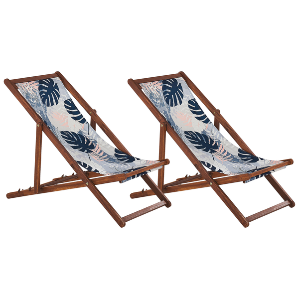Set mit 2 klappbaren Liegestühlen ANZIO mit Ersatzstoffen Blumenmuster Akazienholz Dunkelbraun
