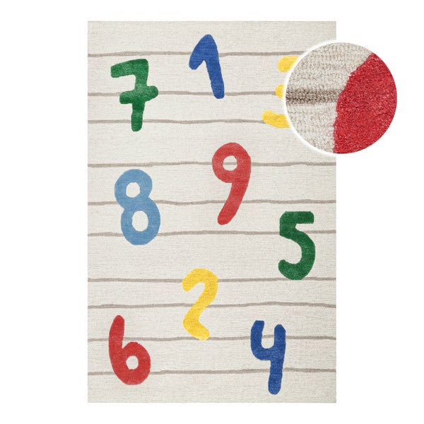 Kinderteppich mit bunten Zahlen und horizontalen Streifen, inklusive Detailansicht der Oberflächenstruktur.
