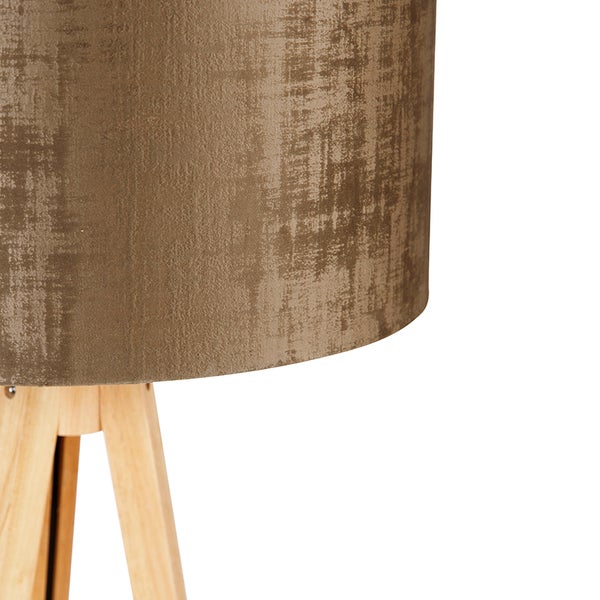 QAZQA - Modern Stehlampe Holz mit Stoffschirm braun 50 cm - Tripod I Dreifuß Lampe I Dreifuss Classic I Wohnzimmer I Schlafzimmer - Textil Rund - LED geeignet E27