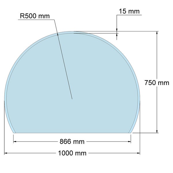 Maßzeichnung einer Bodenplatte mit 1000 Millimeter Breite, 750 Millimeter Tiefe und einem Radius von 500 Millimeter.