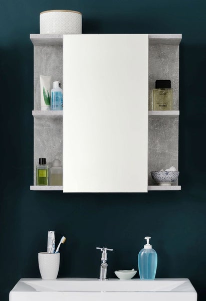 NanoBad Spiegelschrank 1 Tür, 4 offene Fächer Beton Stone Dekor, Spiegelglas. 60 X 20 X 62 cm
