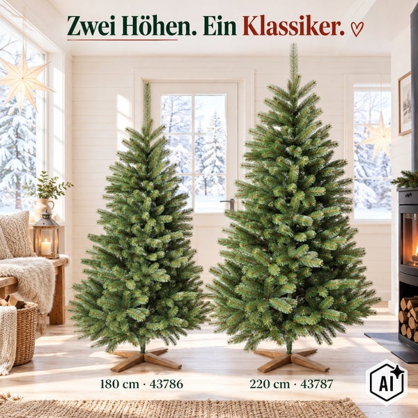 Zwei kuenstliche Weihnachtstaeume in 180 cm und 220 cm Hoehe im winterlich dekorierten Wohnzimmer mit Kamin.