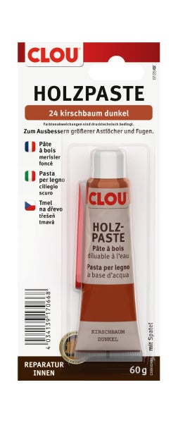 CLOU Holzpaste Kirschbaum dunkel 60 Gramm Tube für den Innenbereich inklusive Spatel zum Ausbessern von Holzschäden.