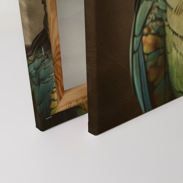 Nahaufnahme einer Leinwand mit Vogelmotiv, Detailansicht der Leinwandstruktur und des Holzrahmens