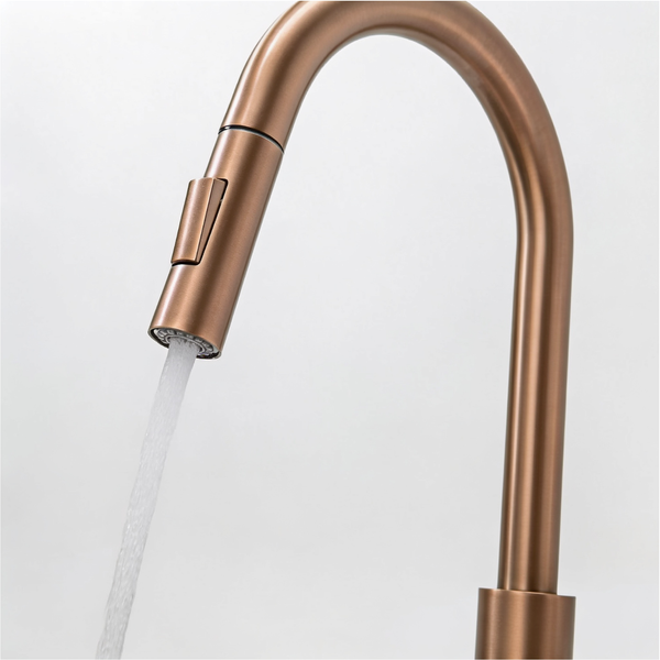 Küchenarmatur mit herausziehbarer Schlauchbrause und fließendem Wasser aus Metall.