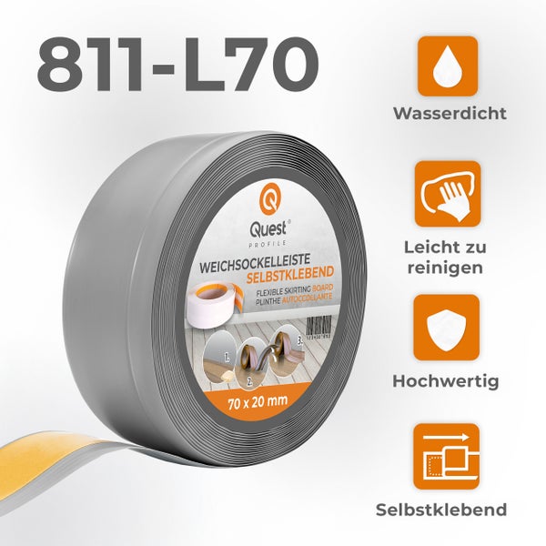 Quest Weichsockelleiste, Breite Sockelleiste 70 x 20 mm, PVC Knickleiste für Wand, Boden, Flexibel, Grau, 1 Meter