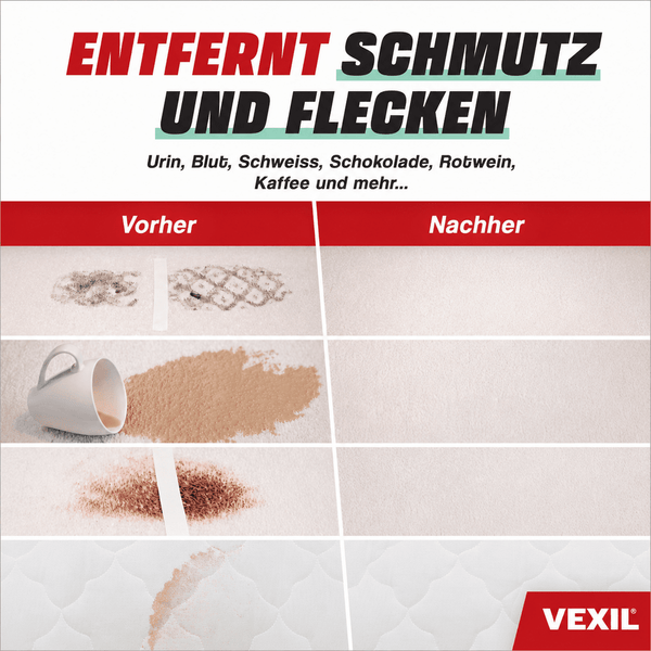 Vorher und Nachher Vergleichsbilder zur Wirksamkeit eines Fleckentferners fuer Textilien und Matratzen von Vexil mit Vexil Logo