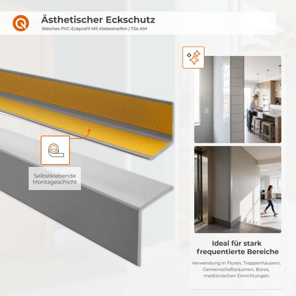 Weiches PVC Eckprofil mit Klebestreifen zum Schutz von Ecken in Fluren, Treppenhäusern, Gemeinschaftsräumen, Büros und medizinischen Einrichtungen.