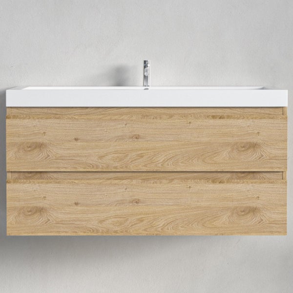 Waschbeckenunterschrank in Eichenoptik mit zwei Schubladen, weißem Waschtisch und Armatur.