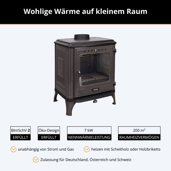 Kaminofen aus Gusseisen für Holz, 7 Kilowatt Heizleistung, 200 Kubikmeter Heizvermögen, BImSchV Stufe 2 und Ökodesign konform.