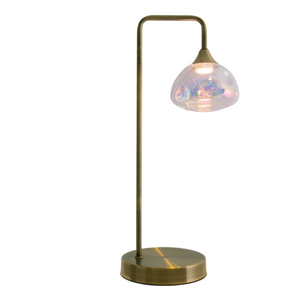 LED Tischleuchte VARNA, Tischlampe aus messingfarbenem Metall und irisierendem Glas, fest verbaute LEDs, 45 cm hoch, stilvolle Beleuchtung für Wohnzimmer, Esszimmer oder Diele