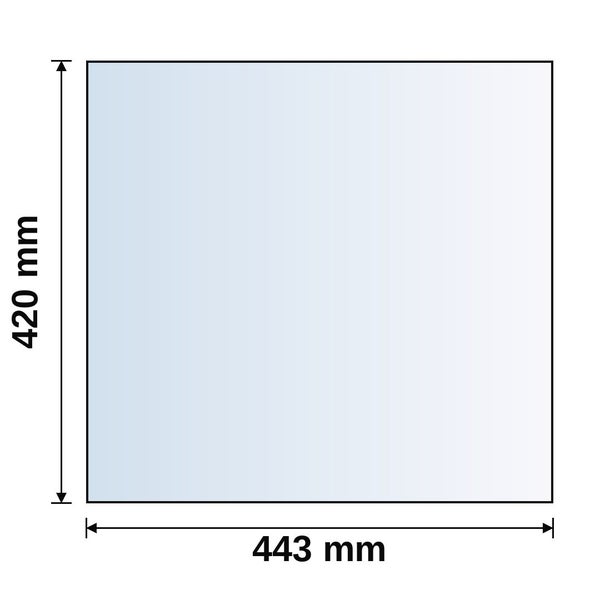Maßzeichnung einer rechteckigen Glasplatte mit einer Breite von 443 Millimetern und einer Höhe von 420 Millimetern.