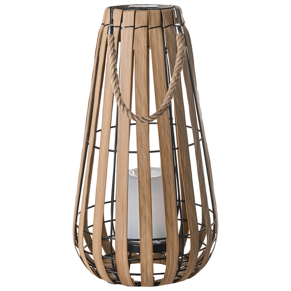 Solar-Laterne aus Bambuslamellen mit Seilgriff und integrierter Kerze.