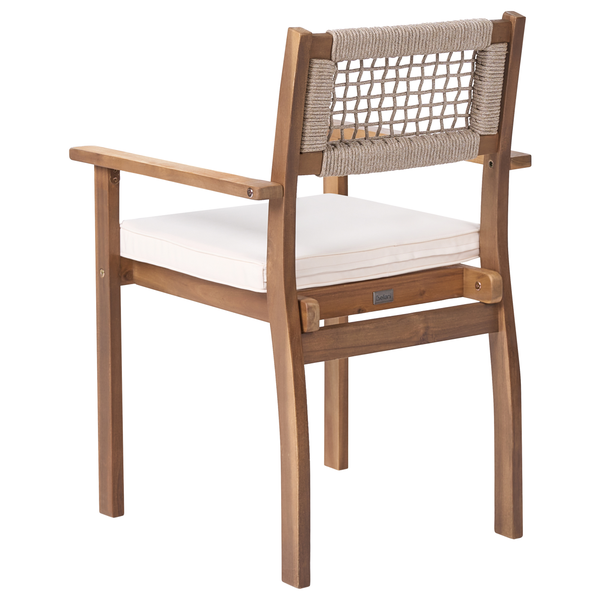 Holzstuhl mit Armlehnen, Seilrückenlehne und Sitzkissen