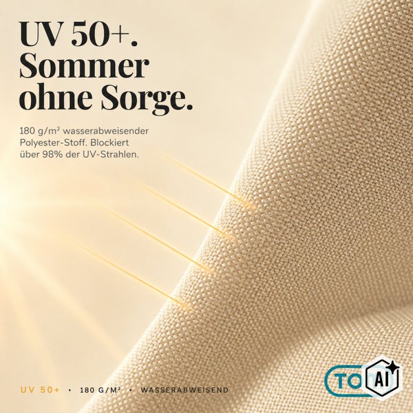 Stoffbespannung mit UV Schutz 50 plus aus wasserabweisendem Polyester Gewebe mit 180 Gramm pro Quadratmeter sowie TOM Logo.