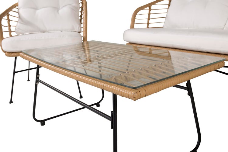 Gartentisch mit Glasplatte, Rattanoptik und schwarzen Beinen