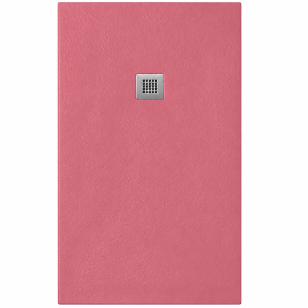 Rechteckige Duschwanne in Pink mit strukturierter Oberfläche und quadratischem Abfluss.