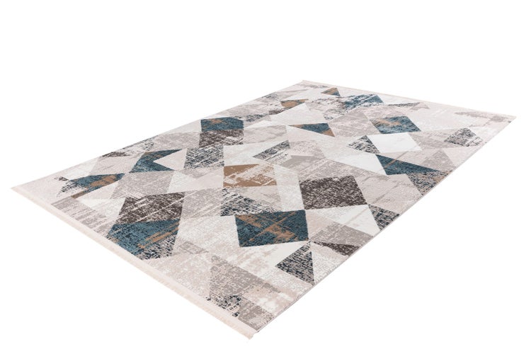 Rechteckiger Teppich mit geometrischem Muster aus Dreiecken und Rauten in Blau, Beige und Grau. Vintage-Design mit Fransen.