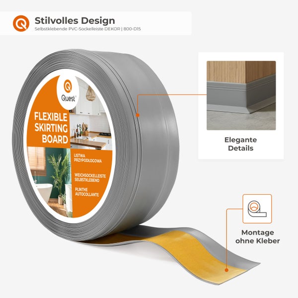 Quest selbstklebende PVC Sockelleiste als Rolle für einfache Montage ohne Kleber.