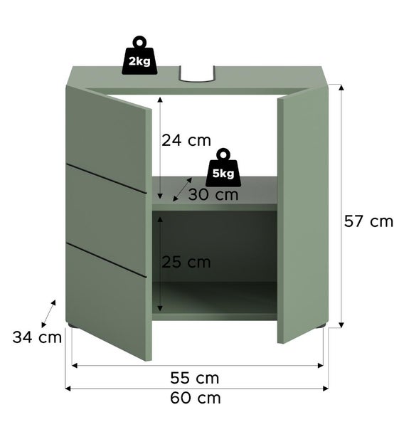 Abbildung eines Unterschranks mit den Maßangaben 57, 60 und 34 Zentimeter